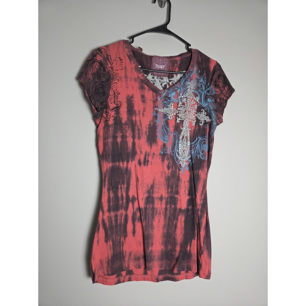 Roar Womens Medium Y2K Red Tie Dye Cross Rhinestone T-Shirt Embroidered Back